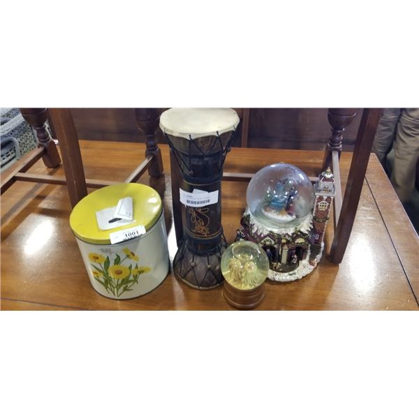 VINTAGE NESTING TIN SET, WOODEN DRUM, AND 2 SNOW GLOBES