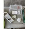 Image 4 : SET OF GLASS STORAGE JARS,  GLASS LOCK CONTAINERS, NEW CUTTING BOARD AND MANDOLIN SLICER