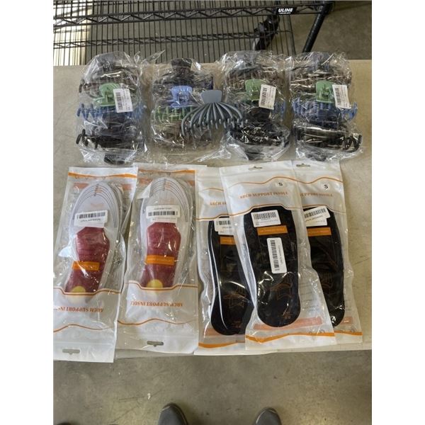 5 NEW ARCH SUPPORT INSOLES, SIZE SMALL, AND 4 NEW 6 PACKS OF OF 4.3 INCH HAIR CLIPS, ASSORTED COLOR