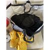 Image 2 : LOT OF BLACK AND YELLOW WRAPPING PAPER ROLLS, FABRIC, AND BAG OF RIBBON