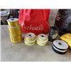 Image 3 : LOT OF BLACK AND YELLOW WRAPPING PAPER ROLLS, FABRIC, AND BAG OF RIBBON