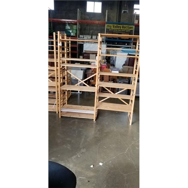 WOODEN SHELVING UNIT 67  WIDE BY 76  TALL