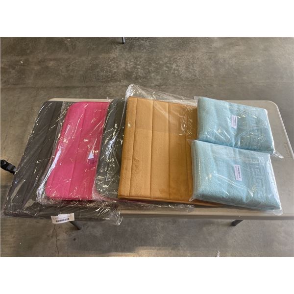 NEW BATH MATTS AND TOWELS, 4 28X56 INCH BATH TOWELS, 1 23.5 X 35.5 SOFT FOAM BATGH MATT,  AND 3 19.5