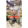Image 2 : DARK WOOD 29"W X 43"H BLACK METAL BASE ROUND COMMERCIAL BAR HEIGHT RESTAURANT TABLE WITH 3 RED