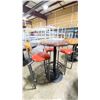 Image 1 : DARK WOOD 29"W X 43"H BLACK METAL BASE ROUND COMMERCIAL BAR HEIGHT RESTAURANT TABLE WITH 3 RED