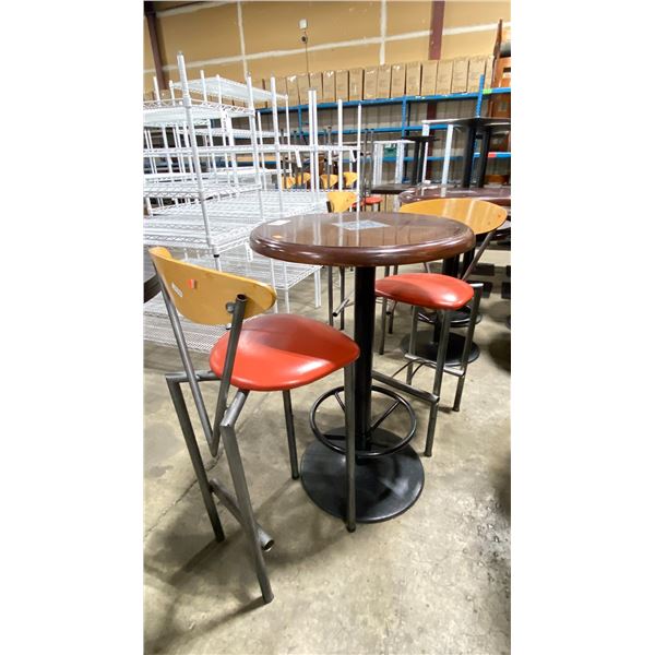 DARK WOOD 29"W X 43"H BLACK METAL BASE ROUND COMMERCIAL BAR HEIGHT RESTAURANT TABLE WITH 2 RED