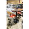 Image 1 : DARK WOOD 29"W X 43"H BLACK METAL BASE ROUND COMMERCIAL BAR HEIGHT RESTAURANT TABLE WITH 2 RED