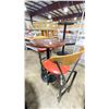 Image 2 : DARK WOOD 29"W X 43"H BLACK METAL BASE ROUND COMMERCIAL BAR HEIGHT RESTAURANT TABLE WITH 2 RED