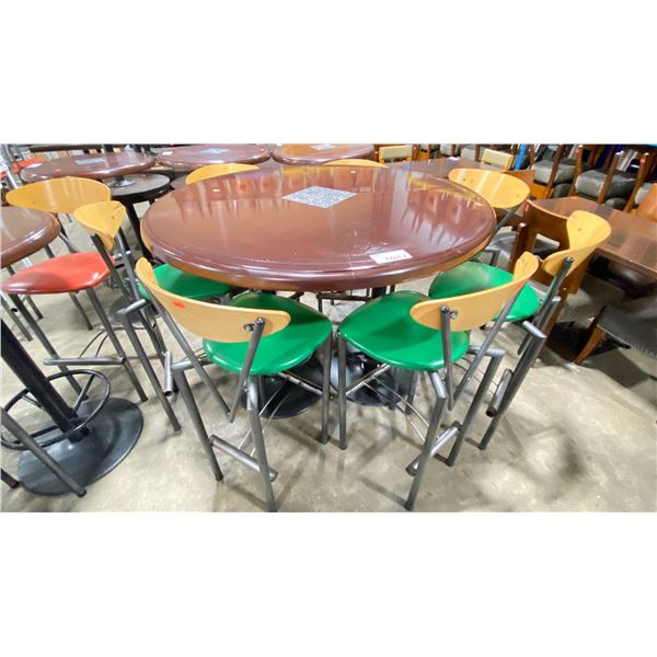 DARK WOOD 53"W X 43"H BLACK METAL BASE ROUND COMMERCIAL BAR HEIGHT RESTAURANT TABLE WITH 7 GREEN