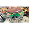 Image 1 : DARK WOOD 53"W X 43"H BLACK METAL BASE ROUND COMMERCIAL BAR HEIGHT RESTAURANT TABLE WITH 7 GREEN