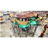 Image 2 : DARK WOOD 53"W X 43"H BLACK METAL BASE ROUND COMMERCIAL BAR HEIGHT RESTAURANT TABLE WITH 7 GREEN