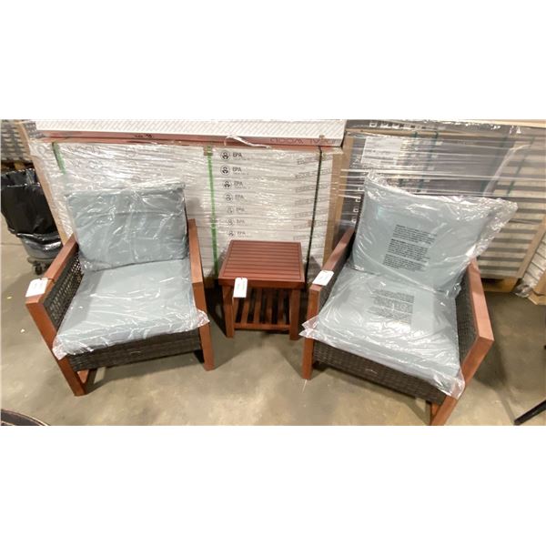 PATIOFLARE COLTON WOOD / PLASTIC RATTAN 3PCS OUTDOOR PATIO CHAT SET WITH GREY CUSHIONS INCLUDING: