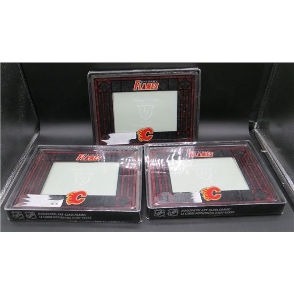 Lot of 3 New Calgary Flames Stained Glass 4x6 Picture Frames
