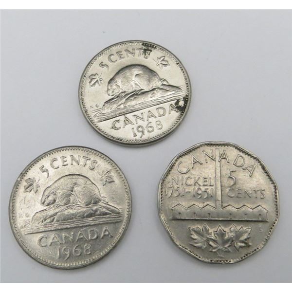3x Canadian Nickels 1951 & 1968