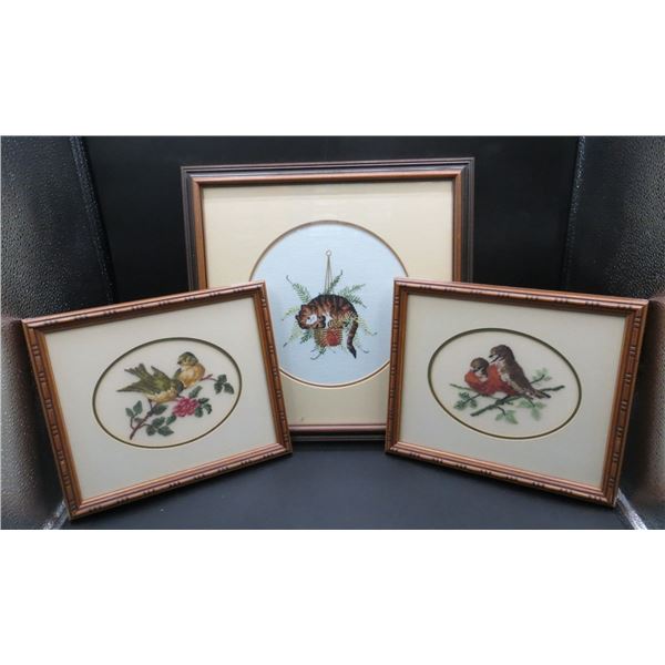 Lot of 3 Vintage Petti Point Framed Pictures Birds & Cat