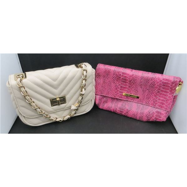 White Aldo Purse & Estee Lauder Pink Makeup Bag