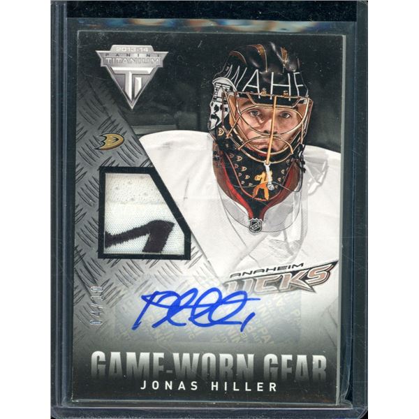 2013-14 Panini Titanium Game Worn Gear Autographs Patch #GAJHI Jonas Hiller 4/10 BV $65
