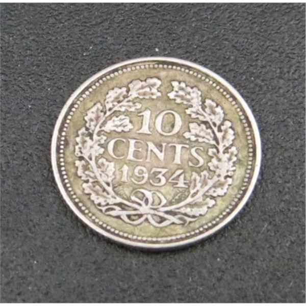1934 Netherlands 10 Cents Silver Coin