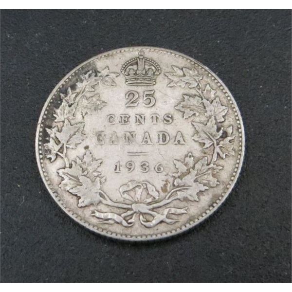 1936 Canadian Silver 25 Cent Coin