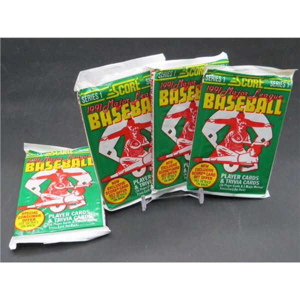 4 Sealed Packs Of 1991 Score Baseball 16 Cards + 1 Magic Motion Trivia Card Per Pack