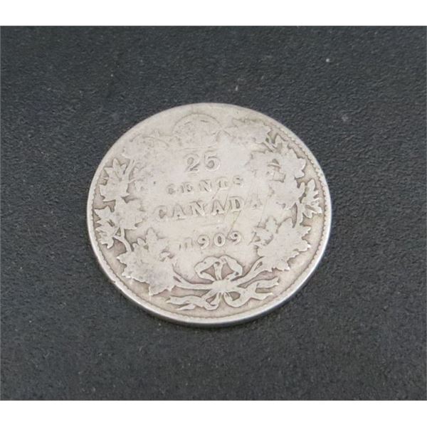 1909 Canadian Silver 25 Cent Coin