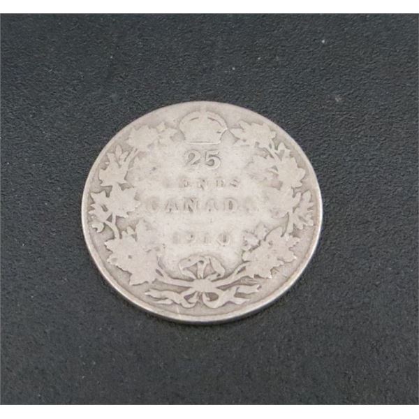 1910 Canadian Silver 25 Cent Coin