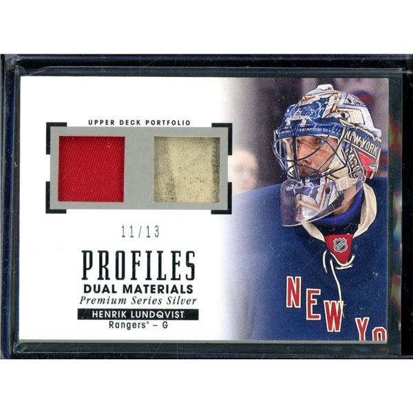 2015-16 Upper Deck Portfolio Profiles Material Dual Henrik Lundqvist 11/13 BV $125