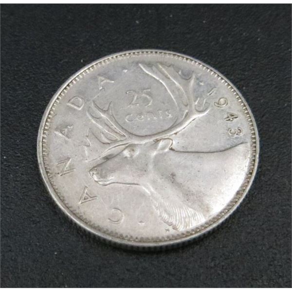 1943 Canadian Silver 25 Cent Coin