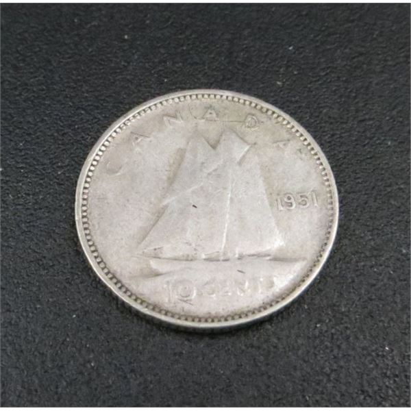 1951 Canadian Silver 10 Cent Coin