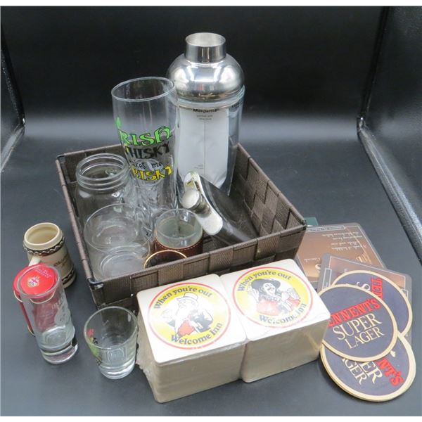 Vintage Bar Lot Shot Glasses, Shaker, Flask, Coasters & More