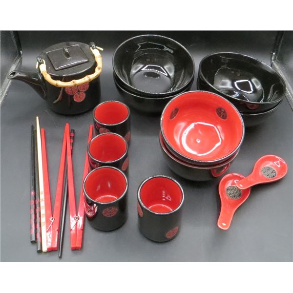 Asian Dish Set Rice Bowls, Tea Set, Spoons & Chop Sticks