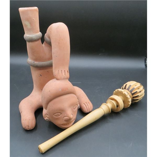 Clay Terracotta Water Jug Pottery Man & Mexican Wooden Hot Chocolate Whisk