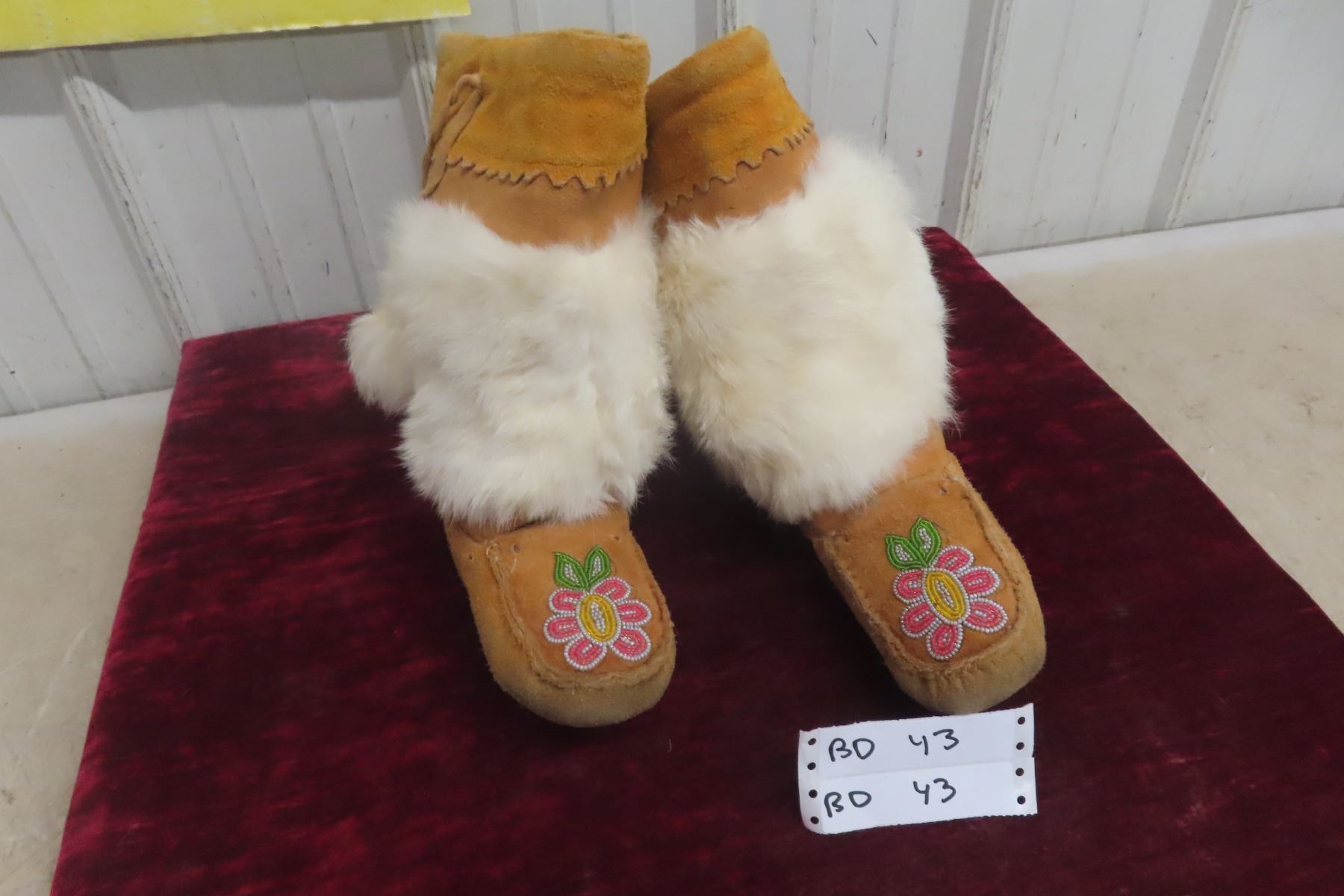 Vintage First Nations Cree Moccasins, Beaded Buckskin With Rabbit Fur ...