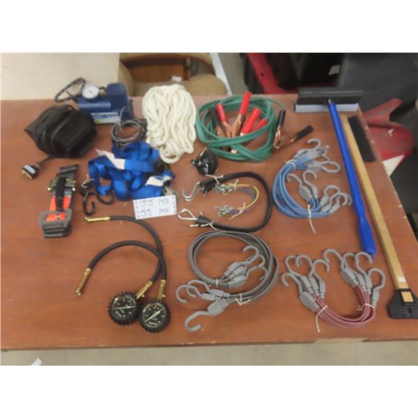 Automotive Lot With Booster Cables, 12V Compressor, Straps, 2 PSI Gauges, And More