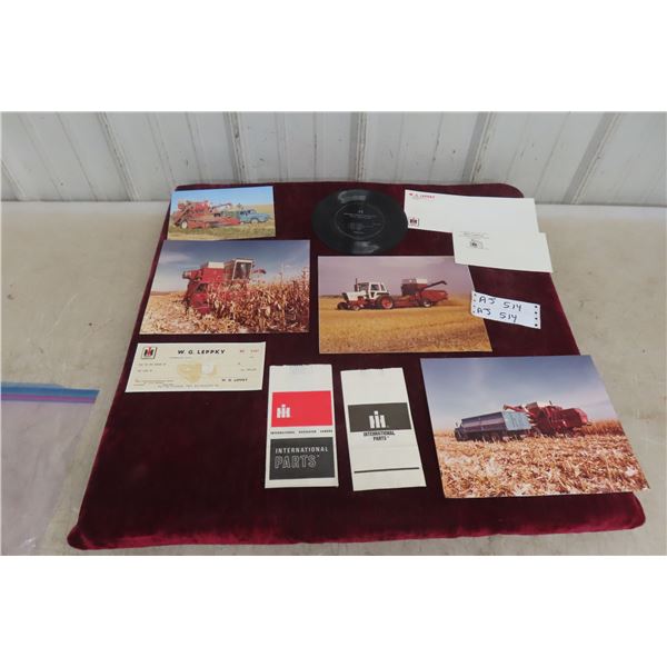 10 Vintage International Harvester Dealership Items - IHC Envelopes, photos, promo record & blank c