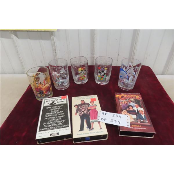 6 glasses & 3 VHS tapes