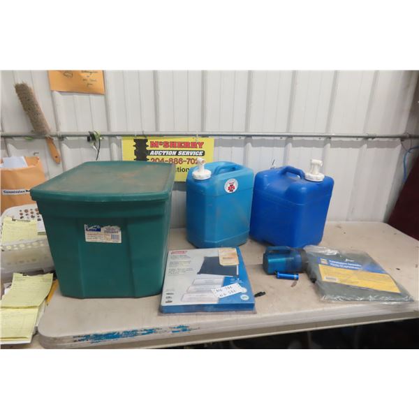 Coleman 7 Watt Solar 12v Battery Trickle Charger/New Tarp/Flashlights/Water Jugs/Storage Bin w/Lid