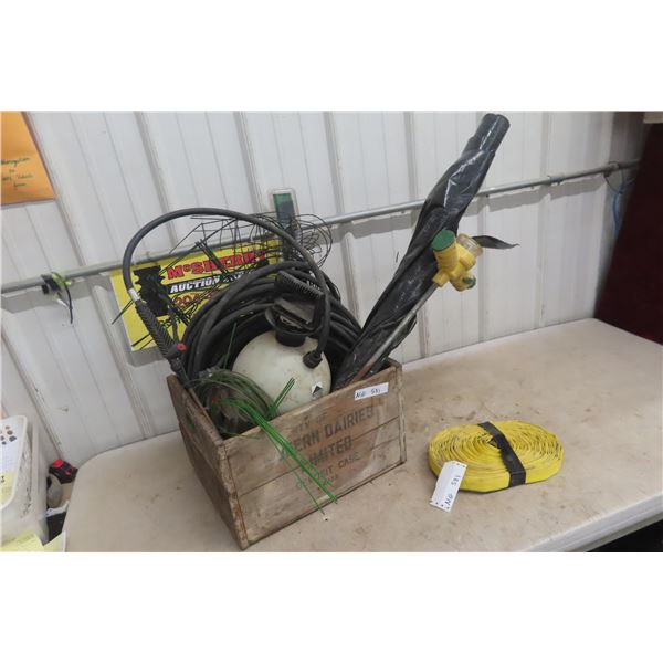 Wood Crate w/ Yard Items - Bottle Sprayer/Lawn Mower Blade/Hose