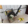 Image 1 : Wood Crate w/ Yard Items - Bottle Sprayer/Lawn Mower Blade/Hose