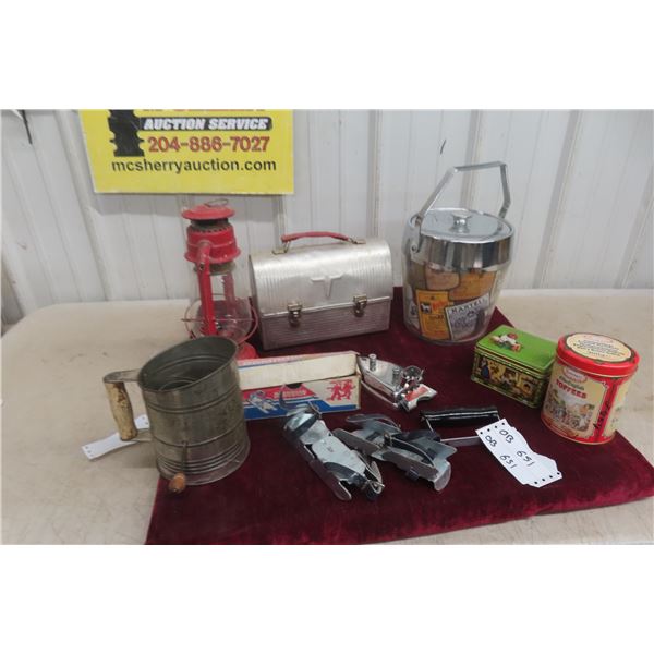 Aluminum Lunch Kit, Barn Lantern, Purity Flour Sifter, Bob 