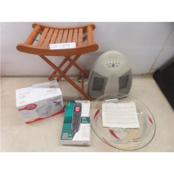 Folding wooden stool, glass fruit bowl, electric heater, universal remote and Betty Crocker food ch