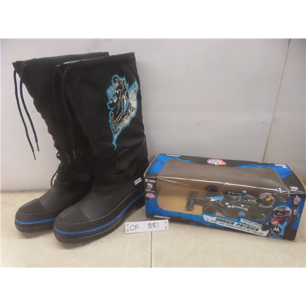 Pair of new baffin boots and Indy car toy