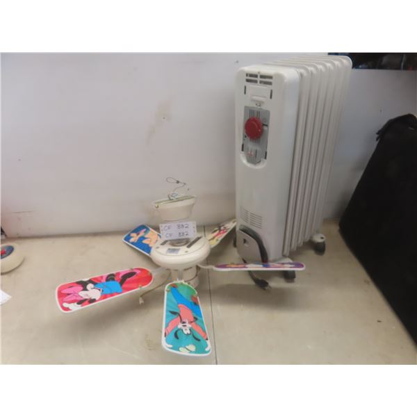 Electric space heater and Mickey Mouse ceiling fan and 24x24 lifetime folding table