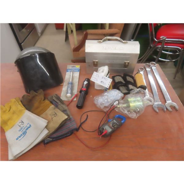 3 large wrenches, protective gear, strongbox and more