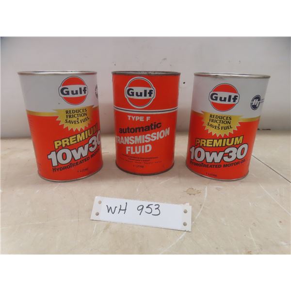 2 unopened Gulf Super 10W30 oil cans + 1 can transmission fluid