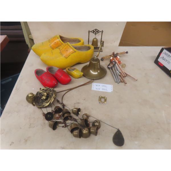 Lot of brass bells + chimes and Dutch wooden shoes