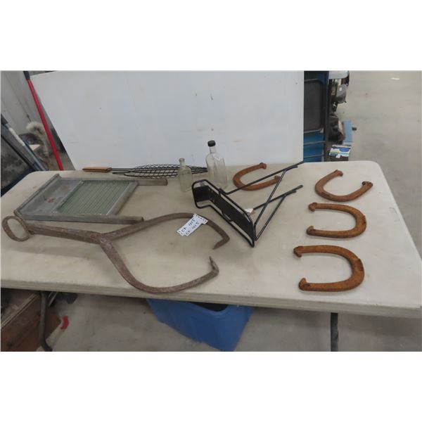 Washboard, Ice Tongs,  Pedal Bike Carrier Horse Shoes