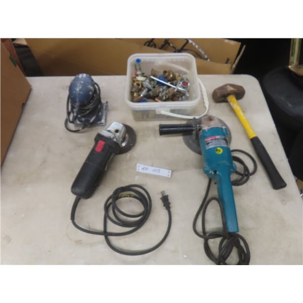 Brass Fittings and 3 Power Tools Including Disc Grinder, Angle Grinder, Sander, and Small Sledge Ha