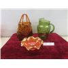 Image 1 : Vintage Glass Pitcher, Carnival Bowl, and Glass Purse, 11 1/2" High