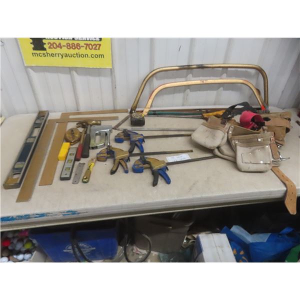 Hand Tools: Bow Saw, Squares, Levels, Chalkline, Clamps, Tool Pouches +